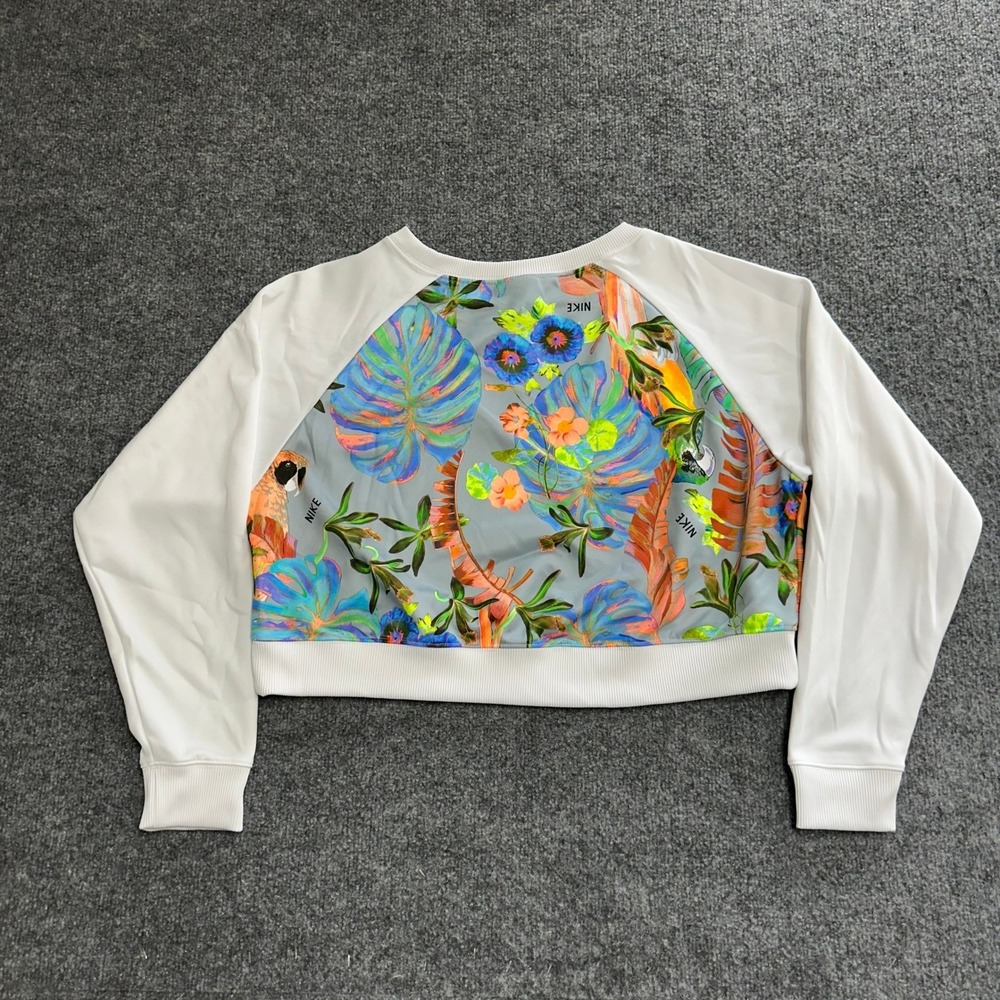 Nike Sweatshirt Womens Size L White Tropical Floral Parrot Print Cropped Top